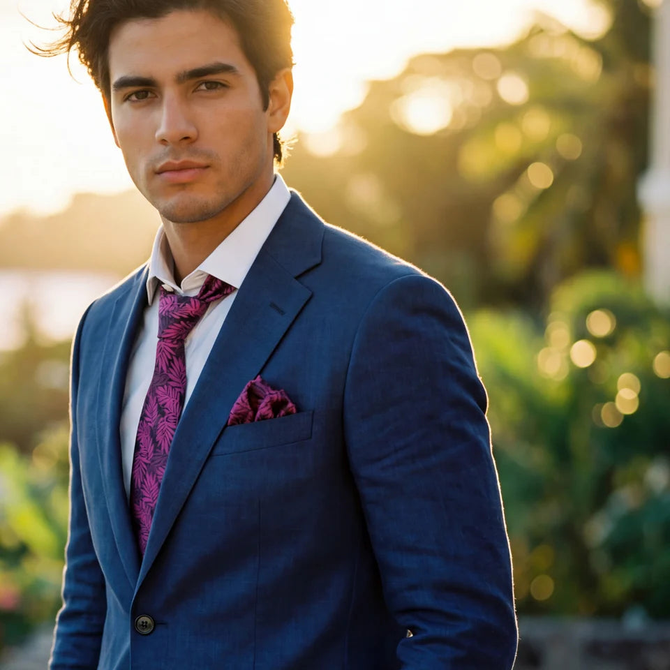 Helecho rosado · conjunto de corbata floral magenta con pañuelo, gemelos y pasador