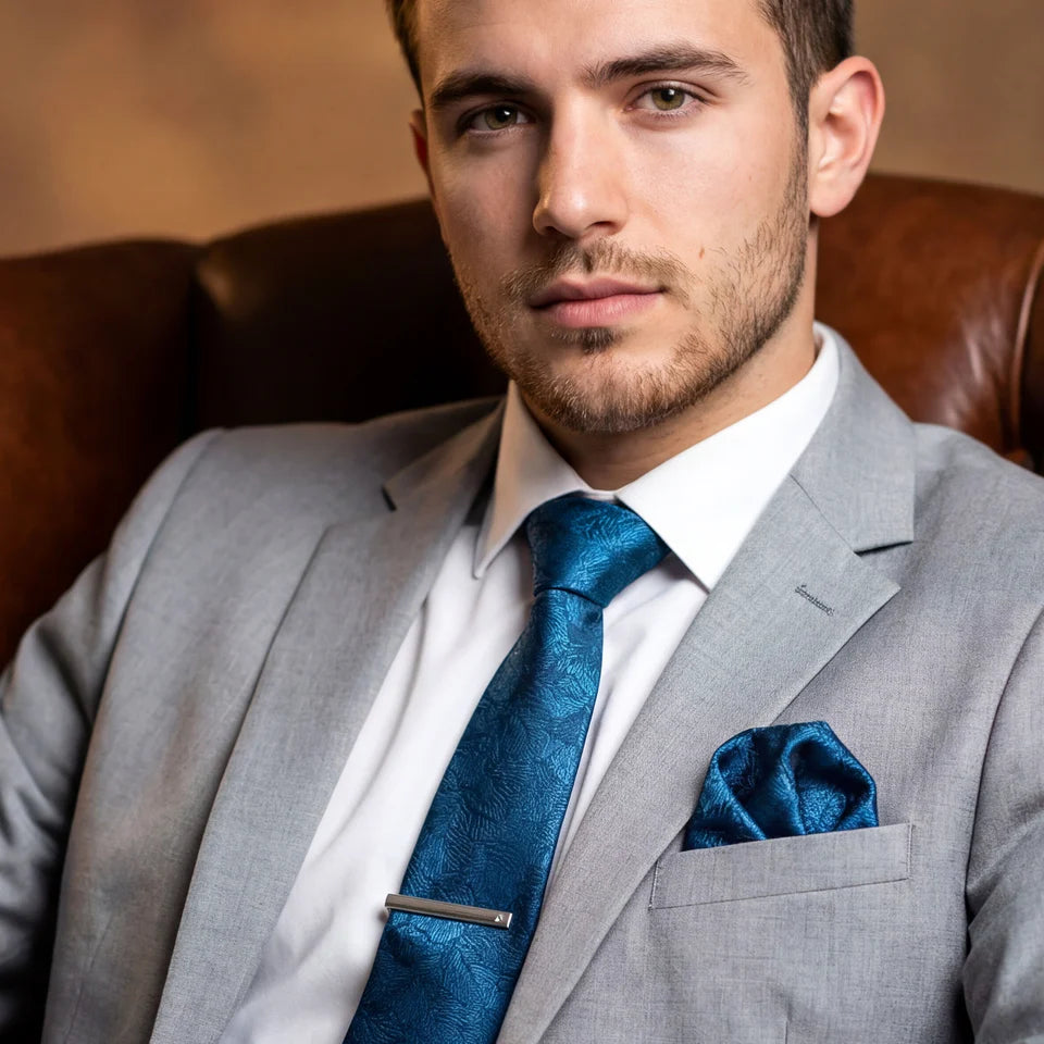 Hojas azules · conjunto de corbata natural con pañuelo, gemelos y pasador