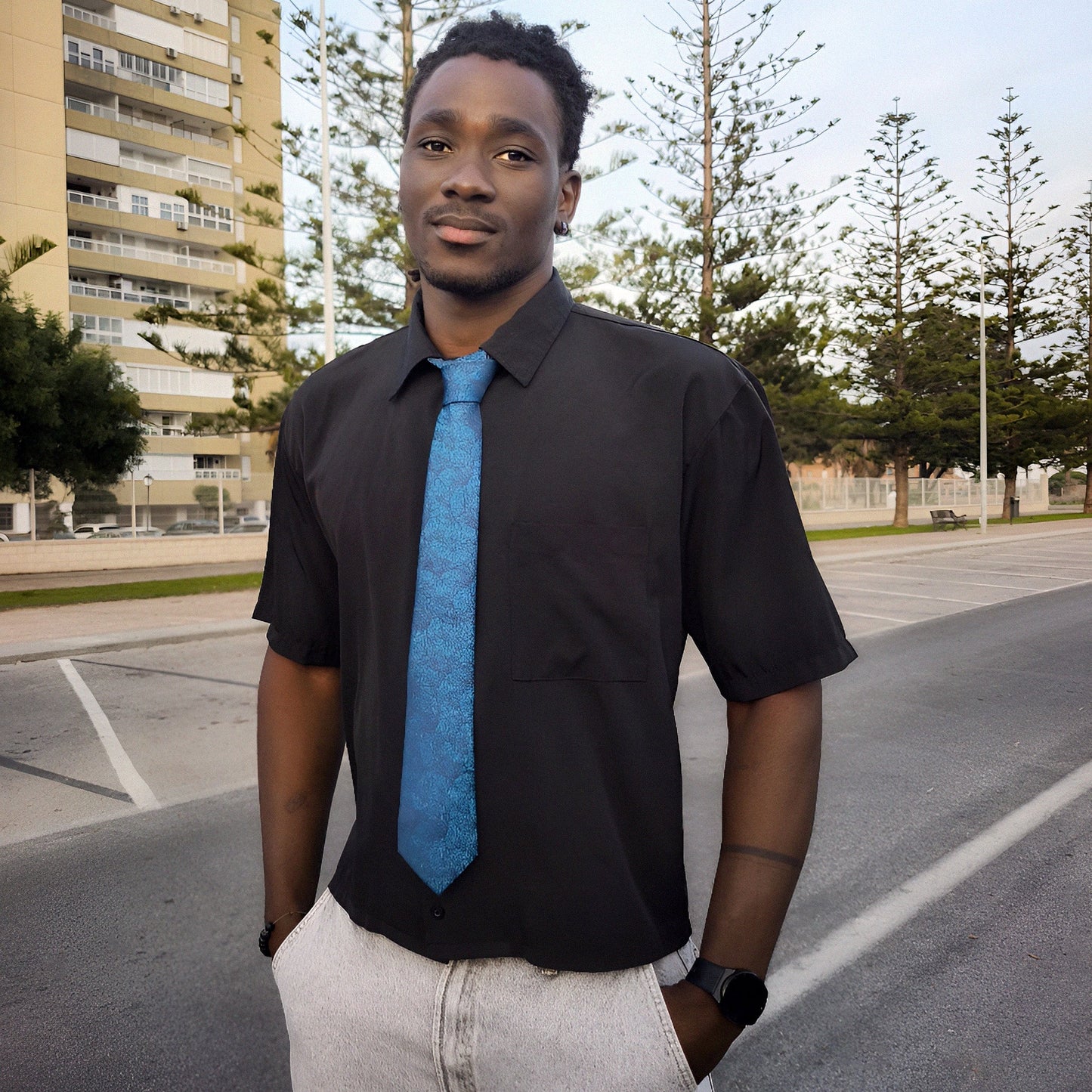 Hojas azules · conjunto de corbata natural con pañuelo, gemelos y pasador