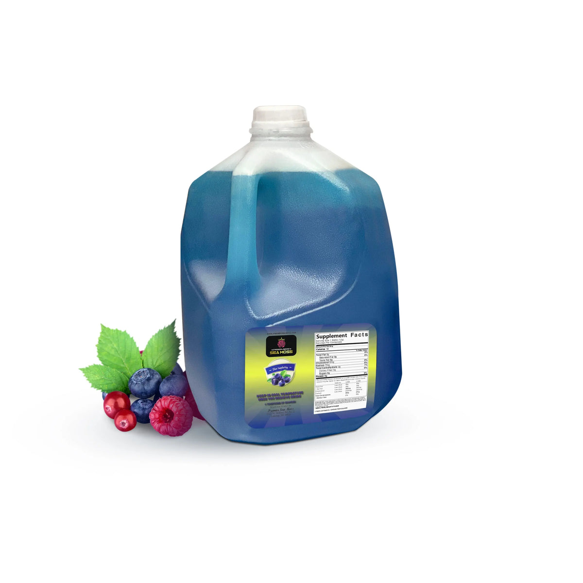 64oz plastic jug of blue sea moss gel with a label, sitting next to fresh blueberries, raspberries, and green leaves.