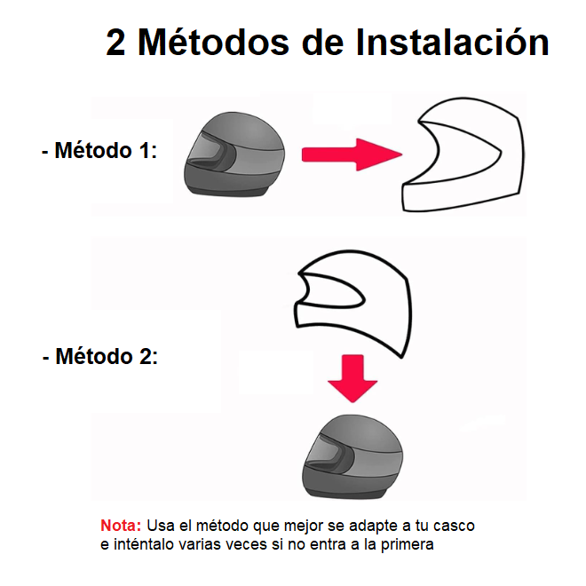 Installation guide for helmet attachment, featuring two methods with clear step-by-step illustrations.