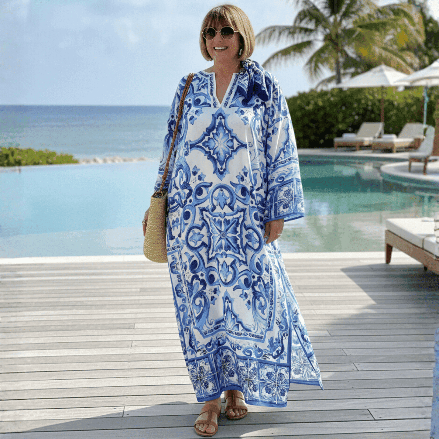 Blue and white patterned maxi dress with a loose fit, perfect for beach outings or summer vacations.