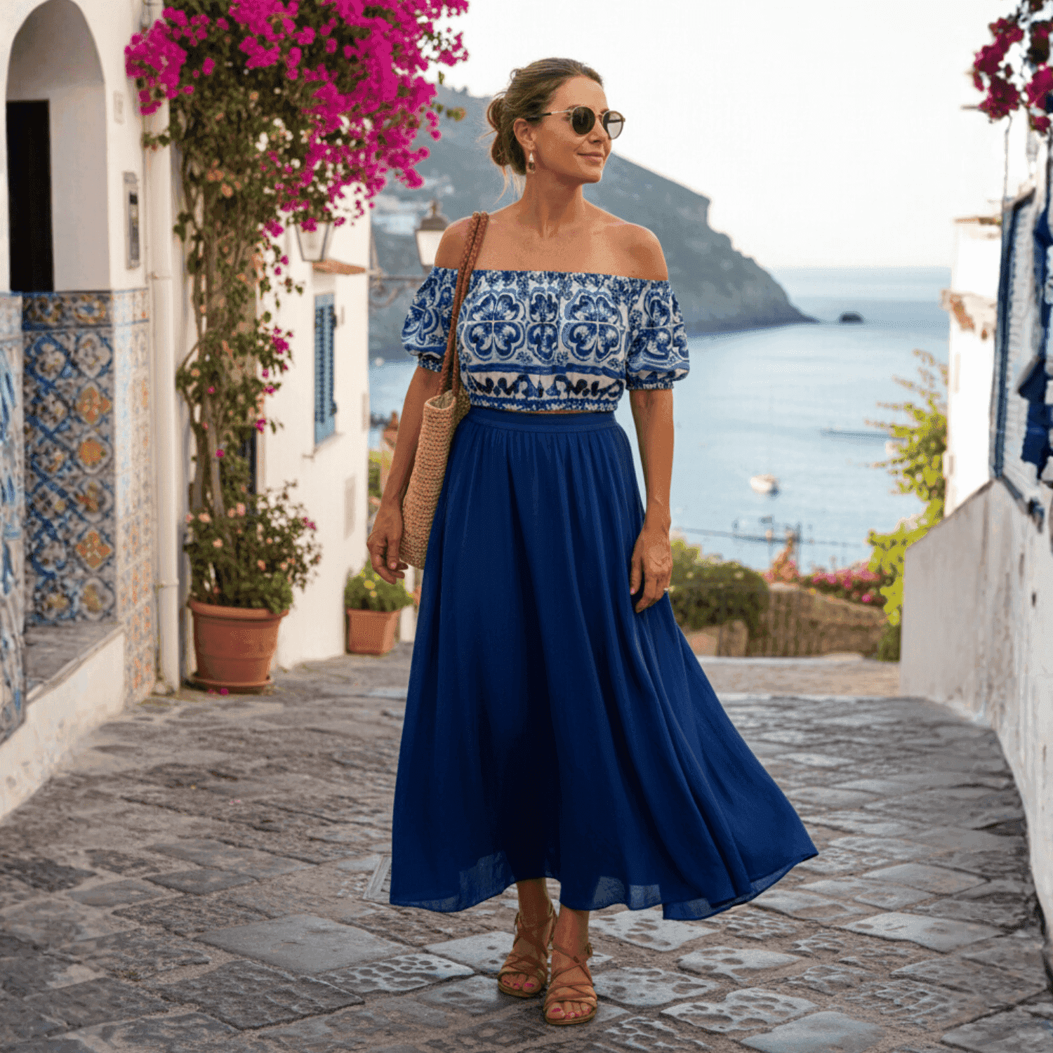Woman wearing a blue and white Majolica print off-shoulder cotton top and a long flowy blue skirt on a coastal street.