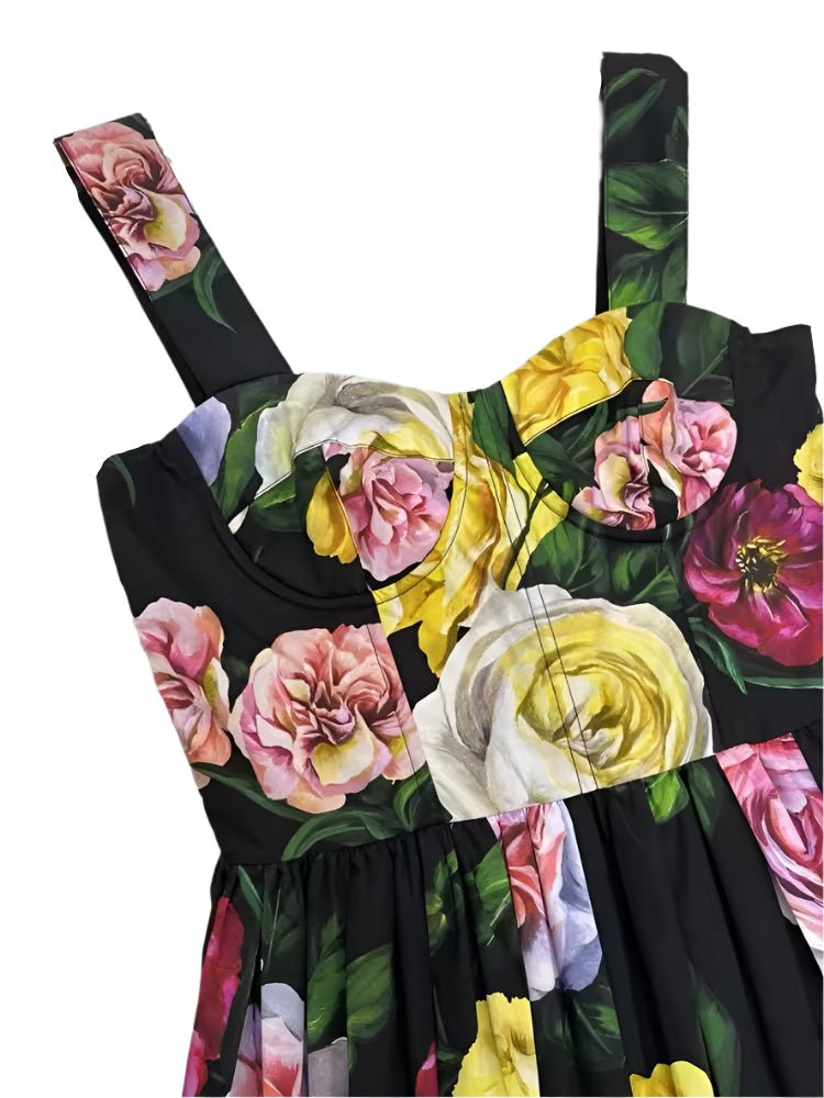 Black floral dress with vibrant yellow, pink, and white roses, featuring a fitted bodice and adjustable straps.