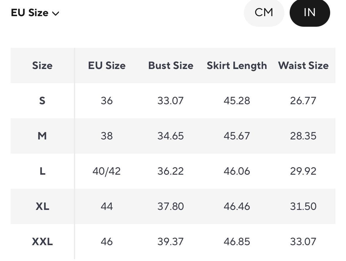 Size chart for women's skirts with measurements in EU sizes, including bust, skirt length, and waist sizes.