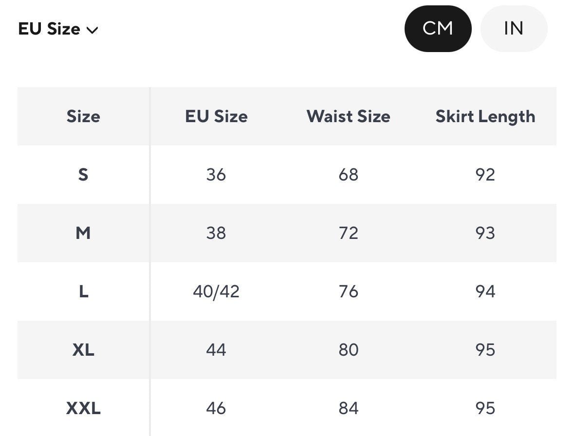 Size chart for a maxi skirt, listing sizes S to XXL with corresponding waist and skirt length measurements in centimeters.