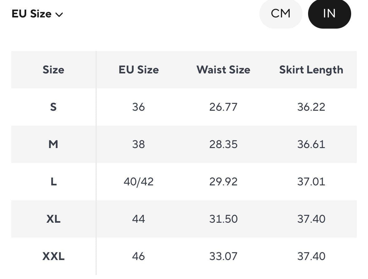 Size guide chart for maxi skirt, listing EU sizes, waist measurements, and skirt lengths in inches for sizes S to XXL.