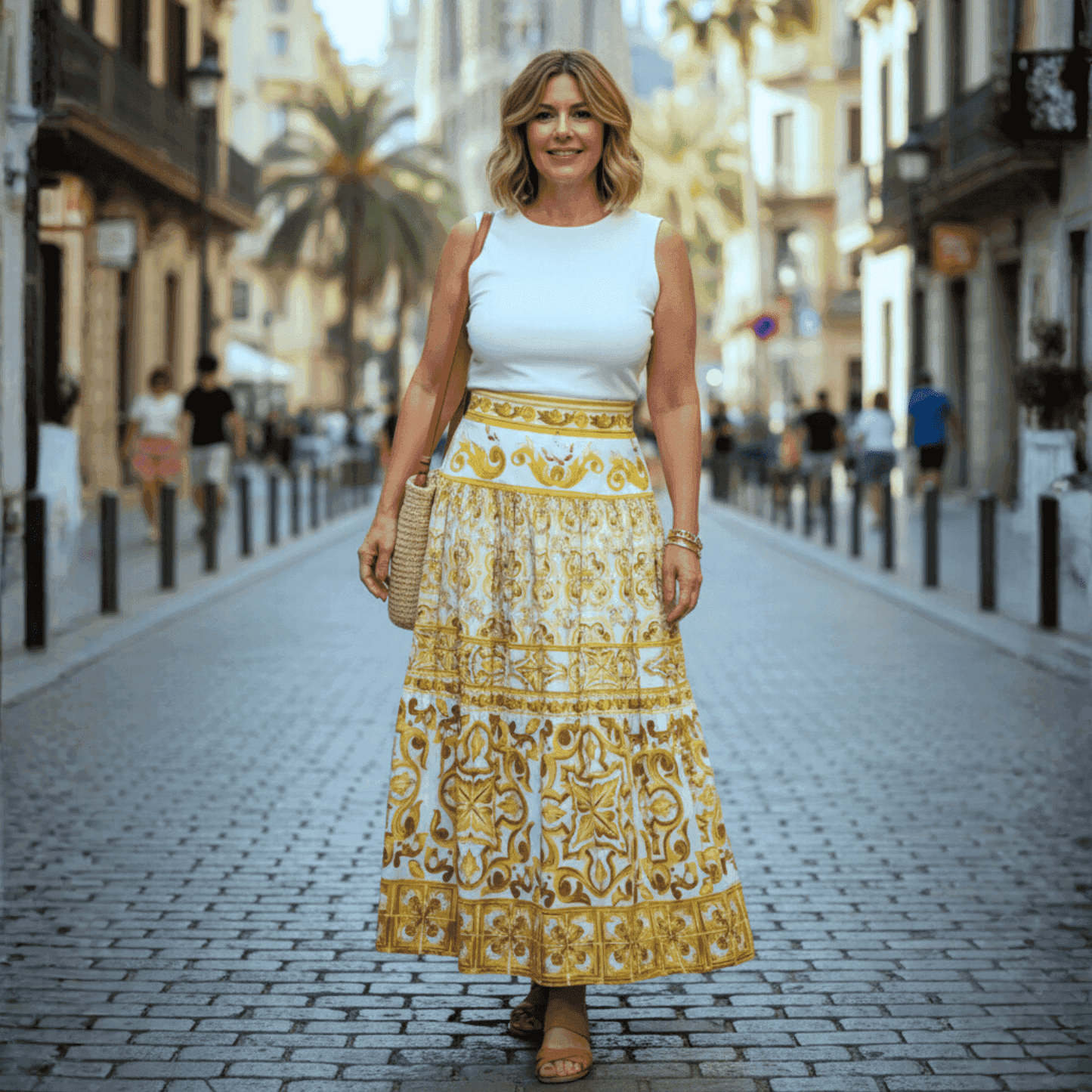 Woman wearing a white sleeveless top and a yellow-and-white Italian Majolica tile print cotton maxi skirt on a street.