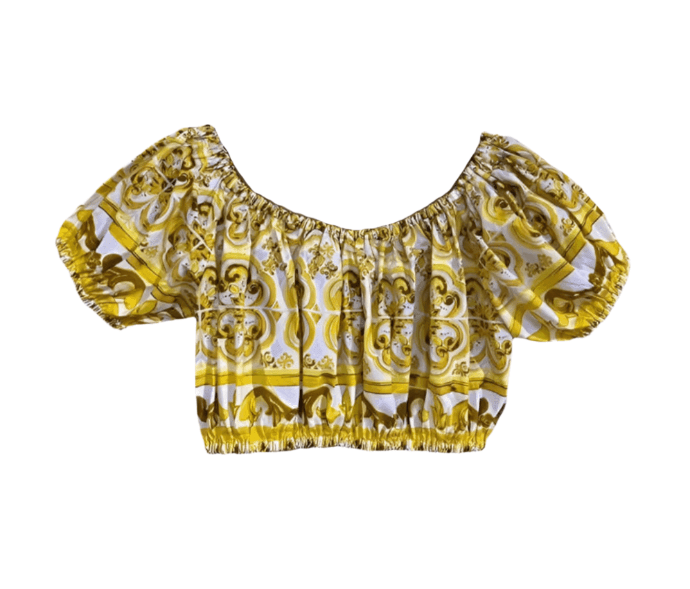 Yellow and white cotton cropped top with puff sleeves and an elasticized neckline, featuring a Mediterranean tile print.