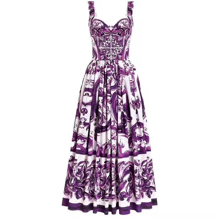 Purple floral dress with a sweetheart neckline and flared skirt, featuring a luxurious satin finish. Perfect for events.