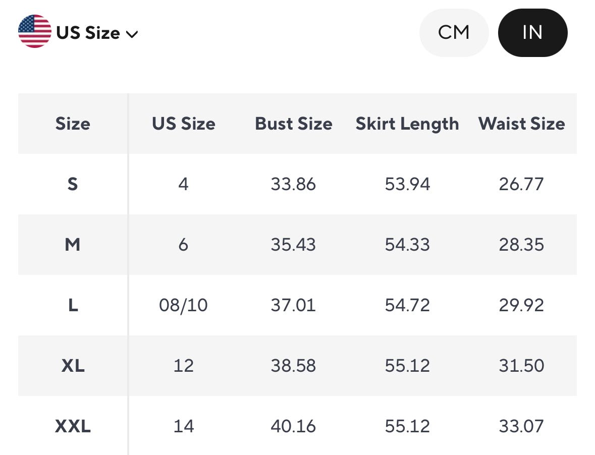 US size chart for women's dresses in sizes S to XXL, displaying bust, skirt length, and waist measurements.