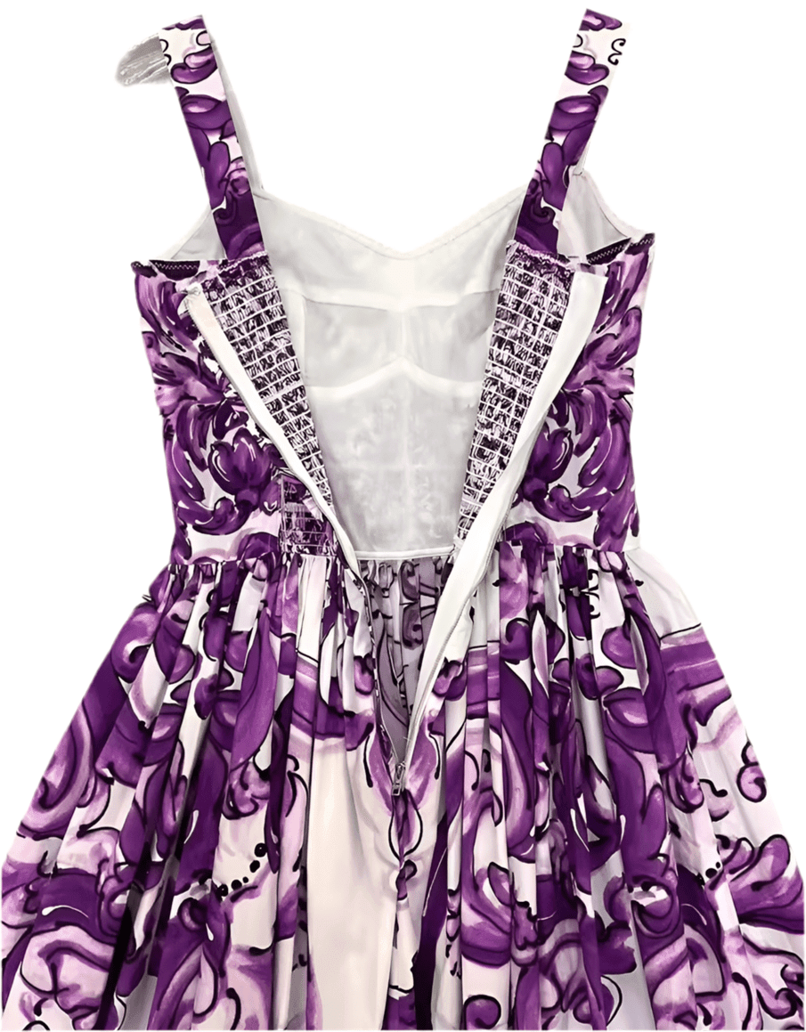 Purple floral print sundress with adjustable straps and gathered waist, perfect for summer outings.
