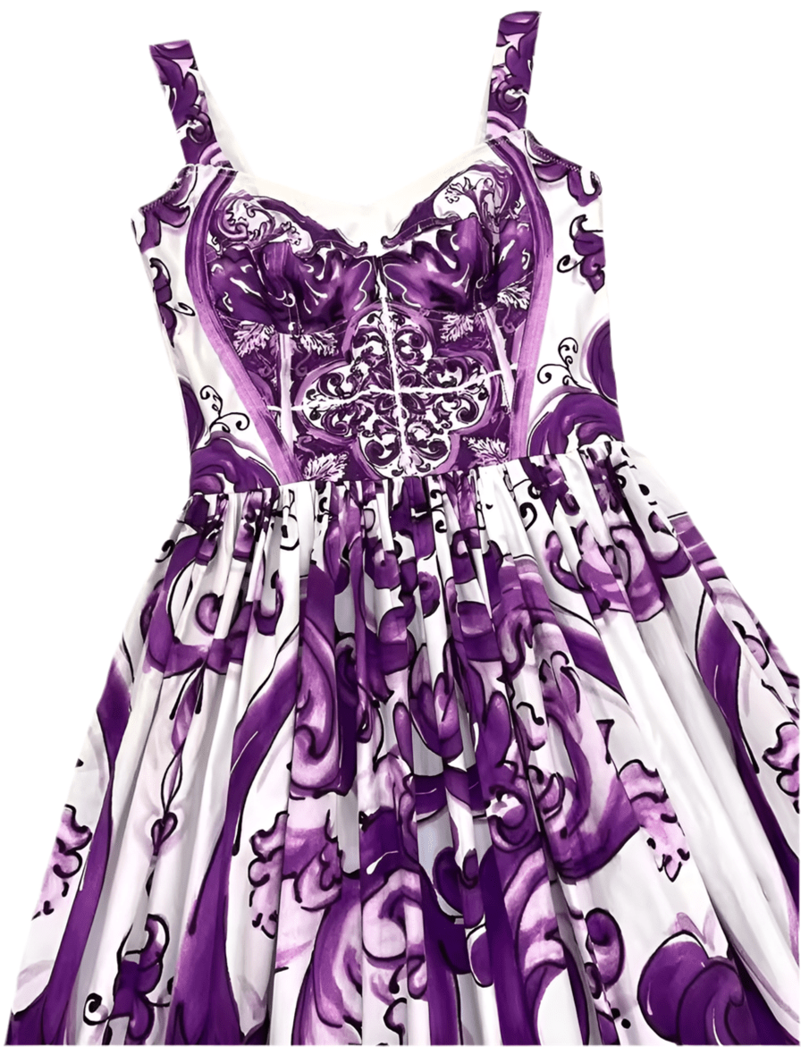 Elegant purple and white floral-print dress with a fitted bodice and flowing skirt, perfect for summer occasions.