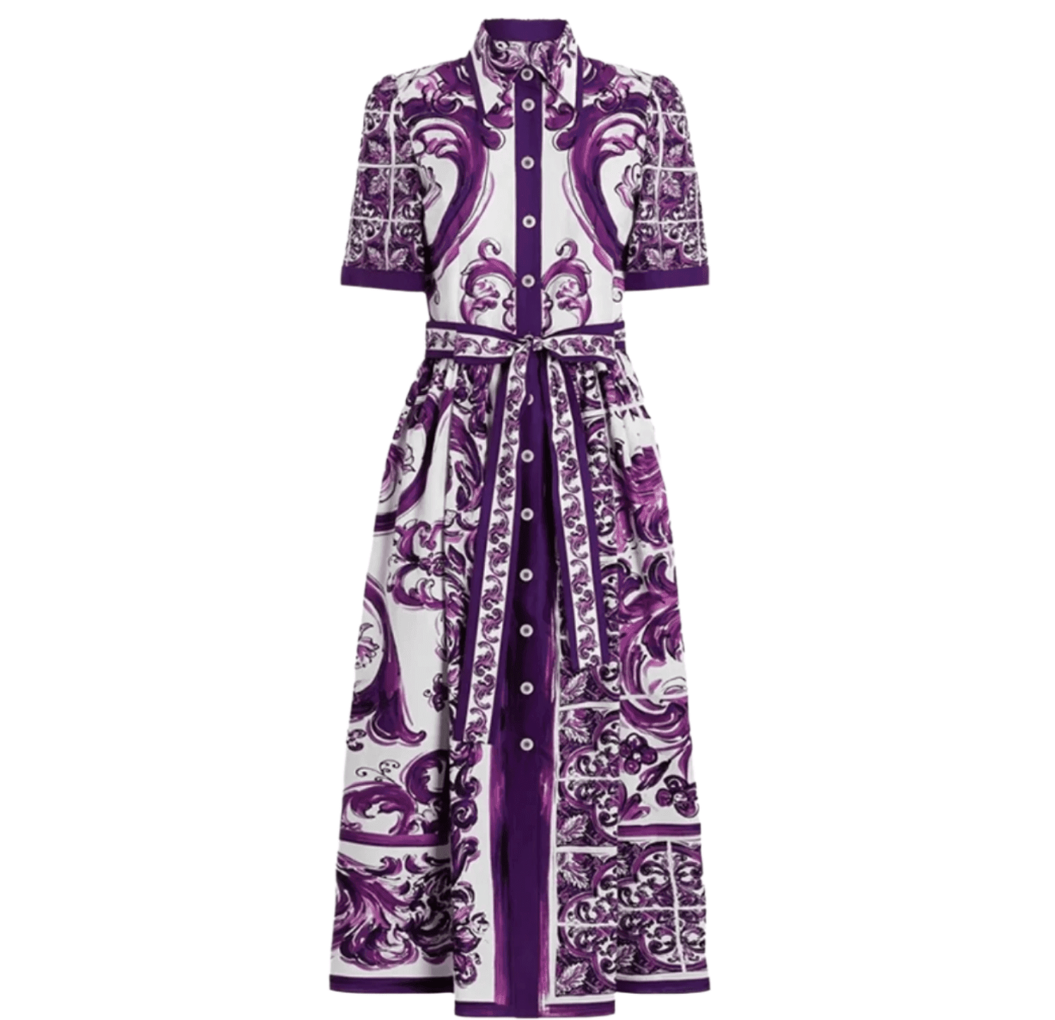 Purple and white patterned midi dress with short sleeves and belted waist. Crafted from lightweight fabric.