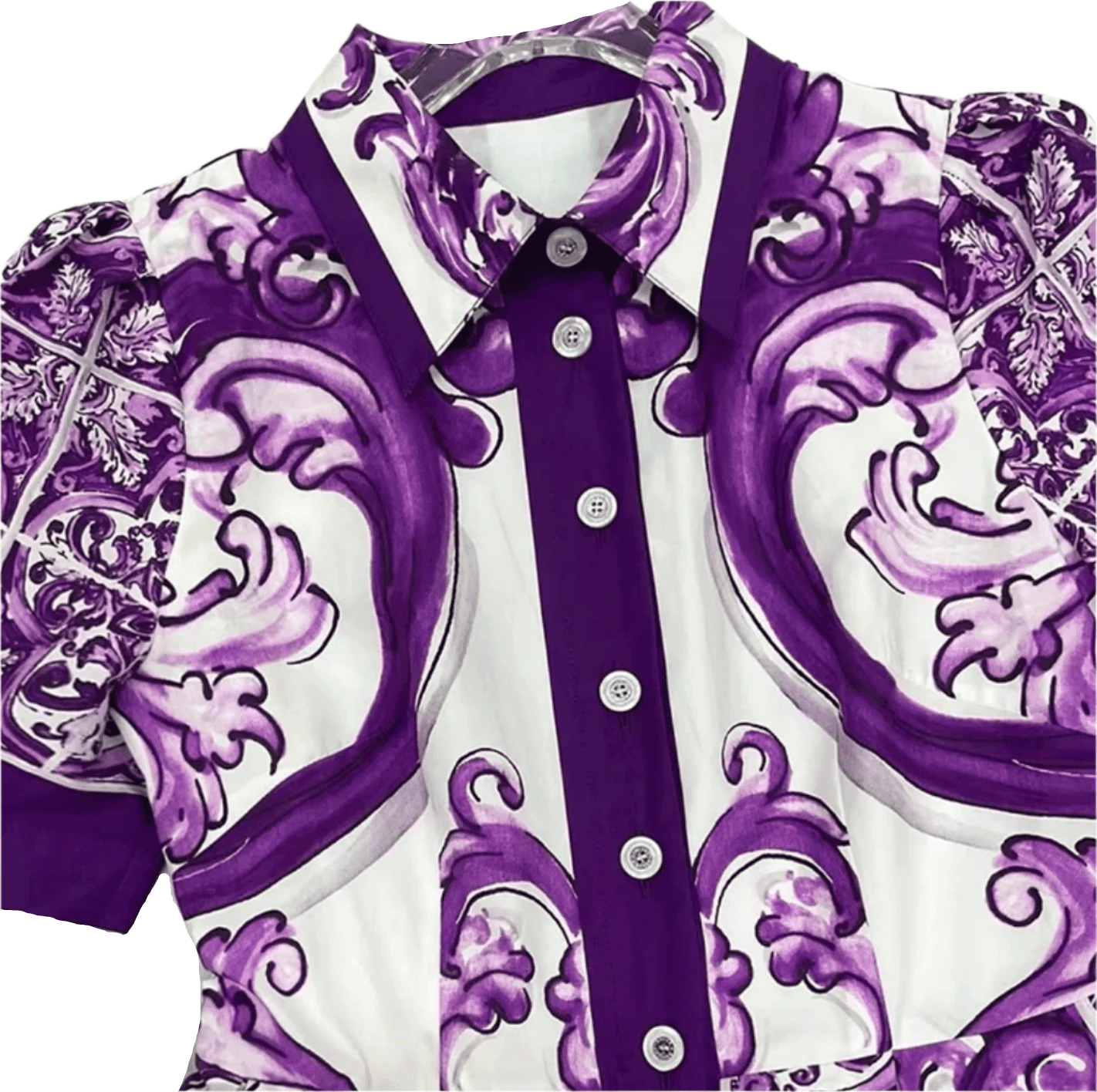 Purple and white patterned dress with puff sleeves and button-down front, ideal for summer occasions.