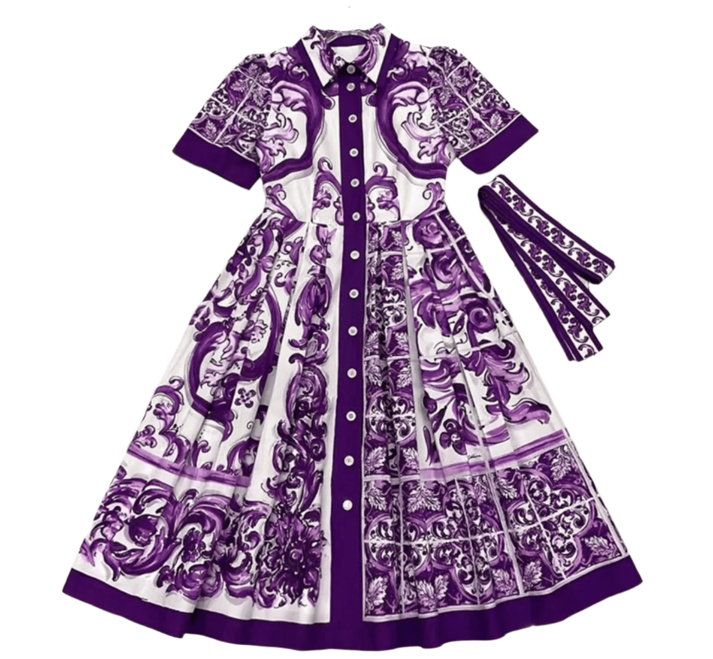 Purple and white floral print dress with short sleeves, buttons, and matching belt, perfect for spring fashion.