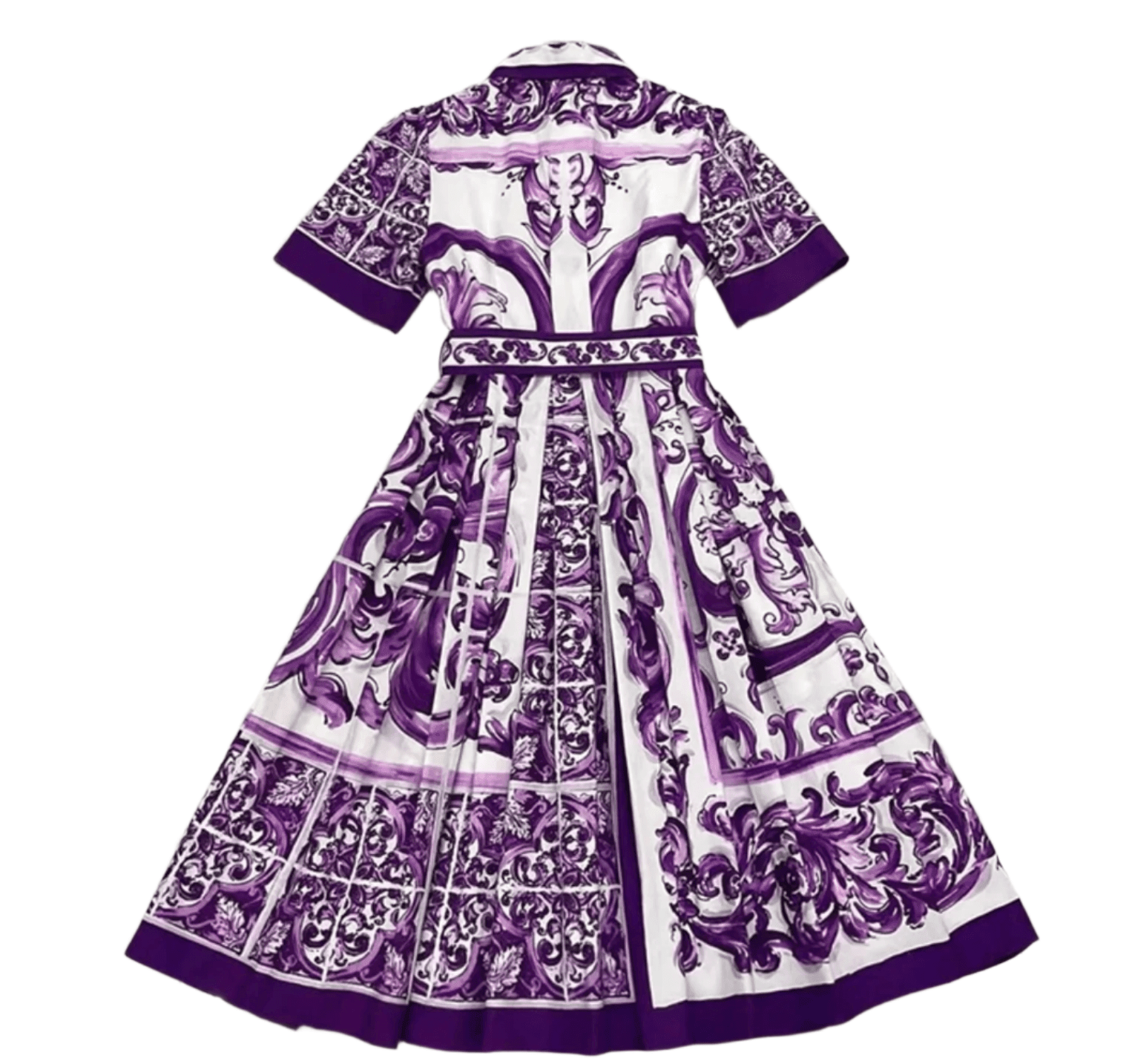 Purple and white vintage-style dress with ornate patterns and a flared skirt, perfect for elegant occasions.