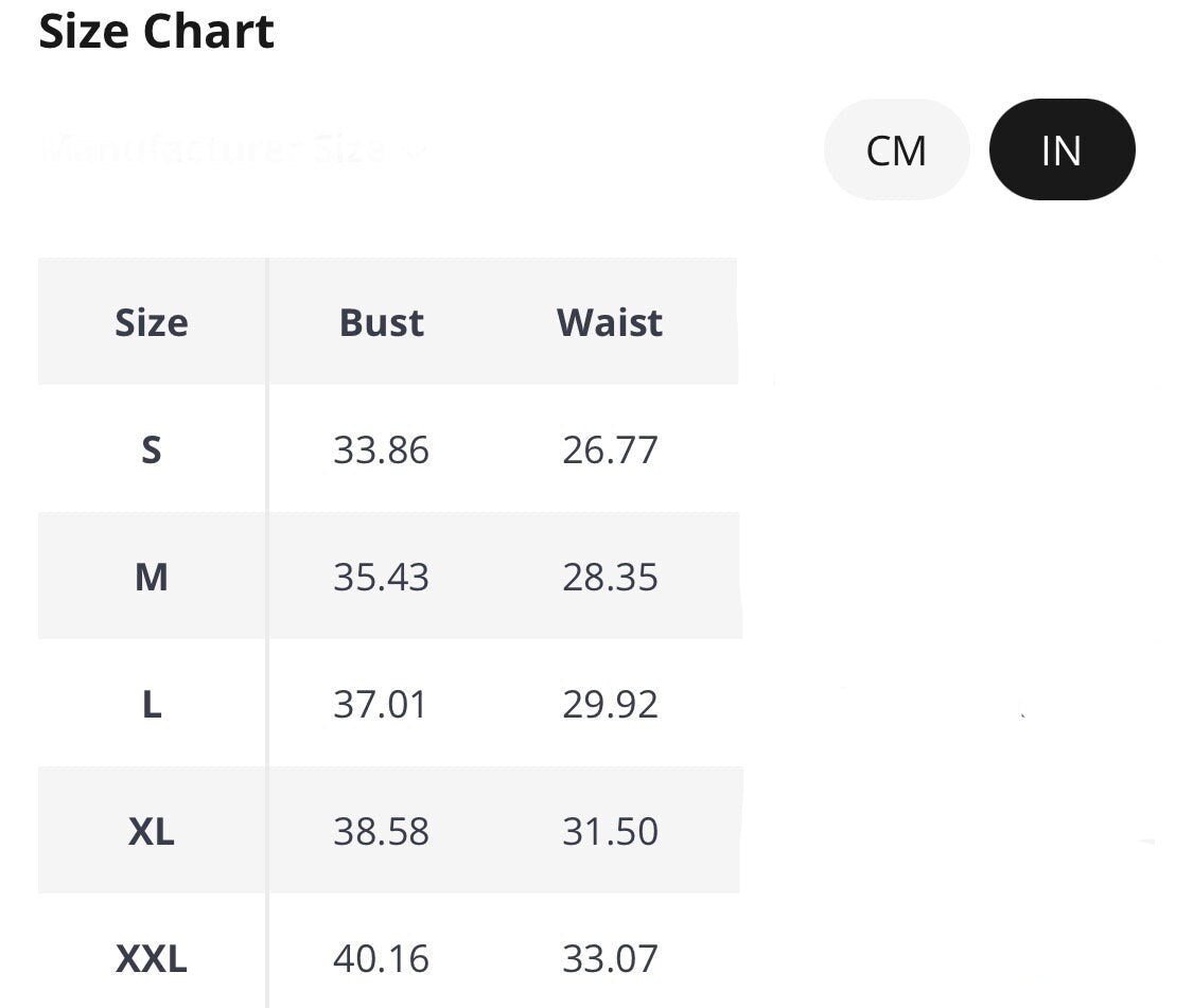 Size chart table showing bust and waist measurements in inches for sizes S through XXL.