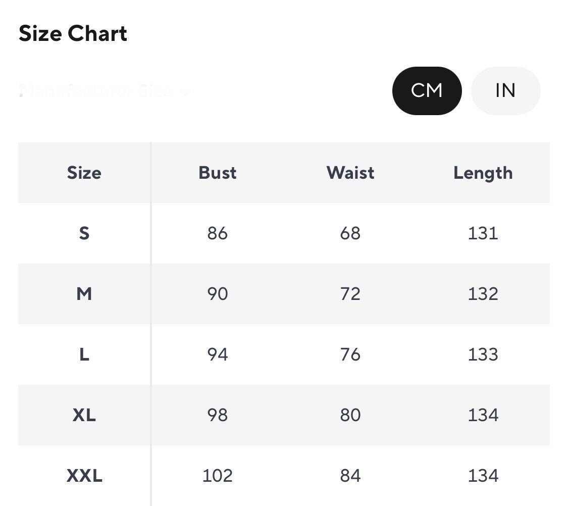 Size chart for women's clothing featuring bust, waist, and length measurements in CM and IN. Sizes S to XXL.