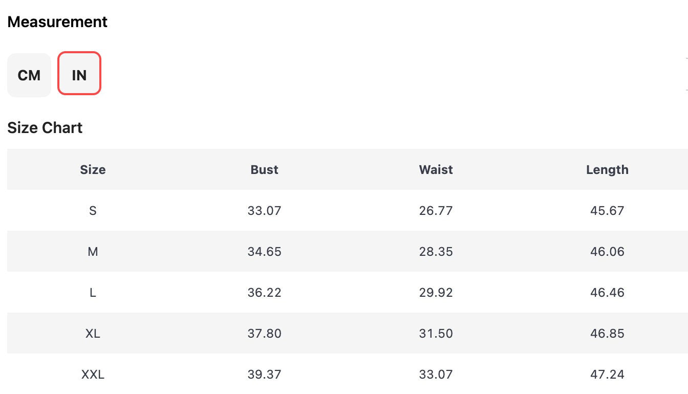 Size chart for women's clothing in inches, showing bust, waist, and length measurements for S to XXL sizes.