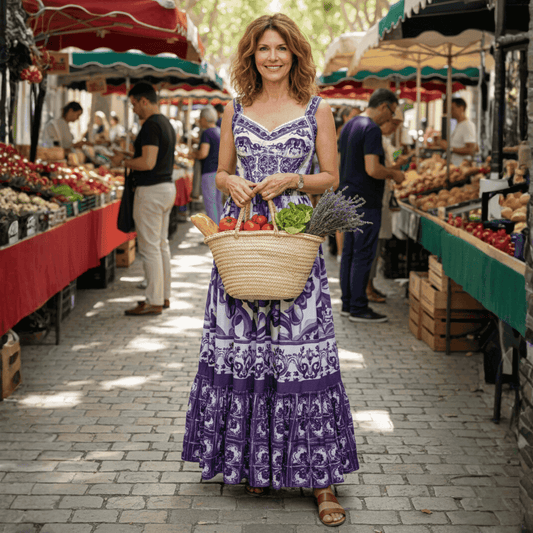 Purple floral print maxi dress, lightweight fabric, tiered design, paired with a straw basket and sandals at a vibrant market.