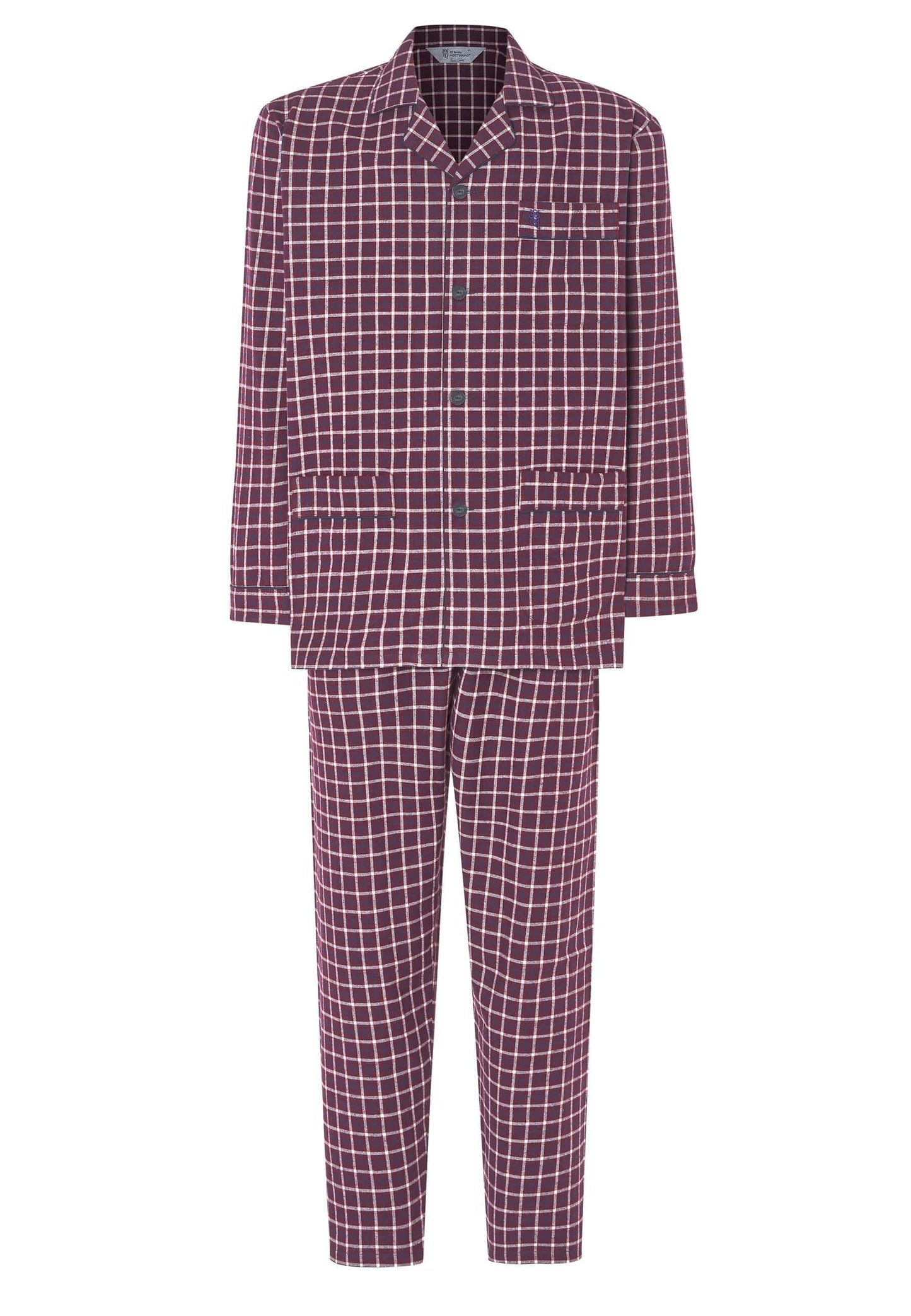 Pijama Hombre Invierno Solapa Algodón, conjunto de pijama a cuadros granates y blancos, tejido de franela.