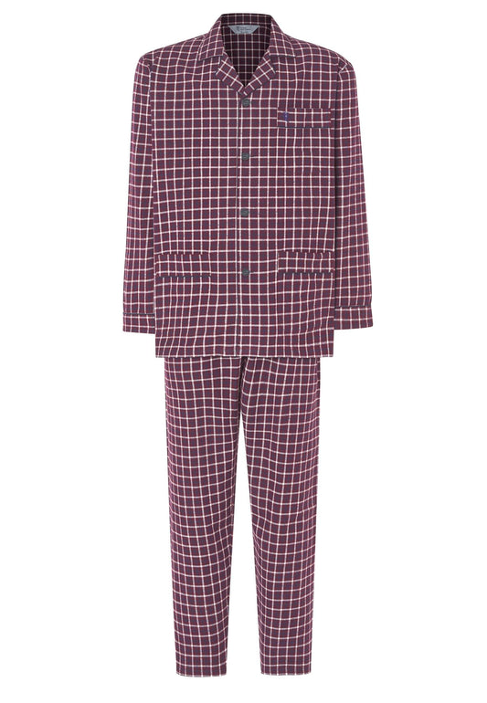 Pijama Hombre Invierno Solapa Algodón, conjunto de pijama a cuadros granates y blancos, tejido de franela.