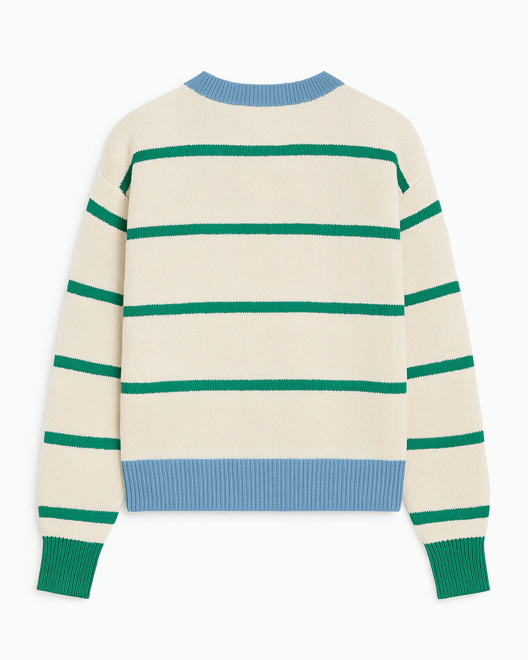 Suéter de punto beige con rayas verdes y azul. Estilo casual, materiales suaves y cómodos.