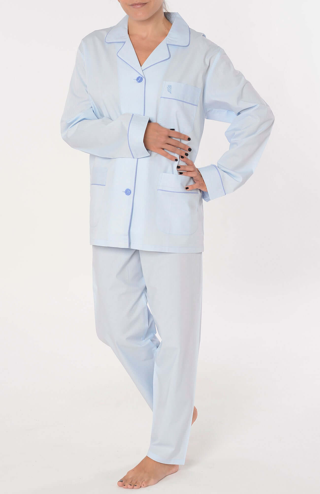 Pijama Mujer Largo Solapa Algodón Dobby Estampado - Azul 0200_30