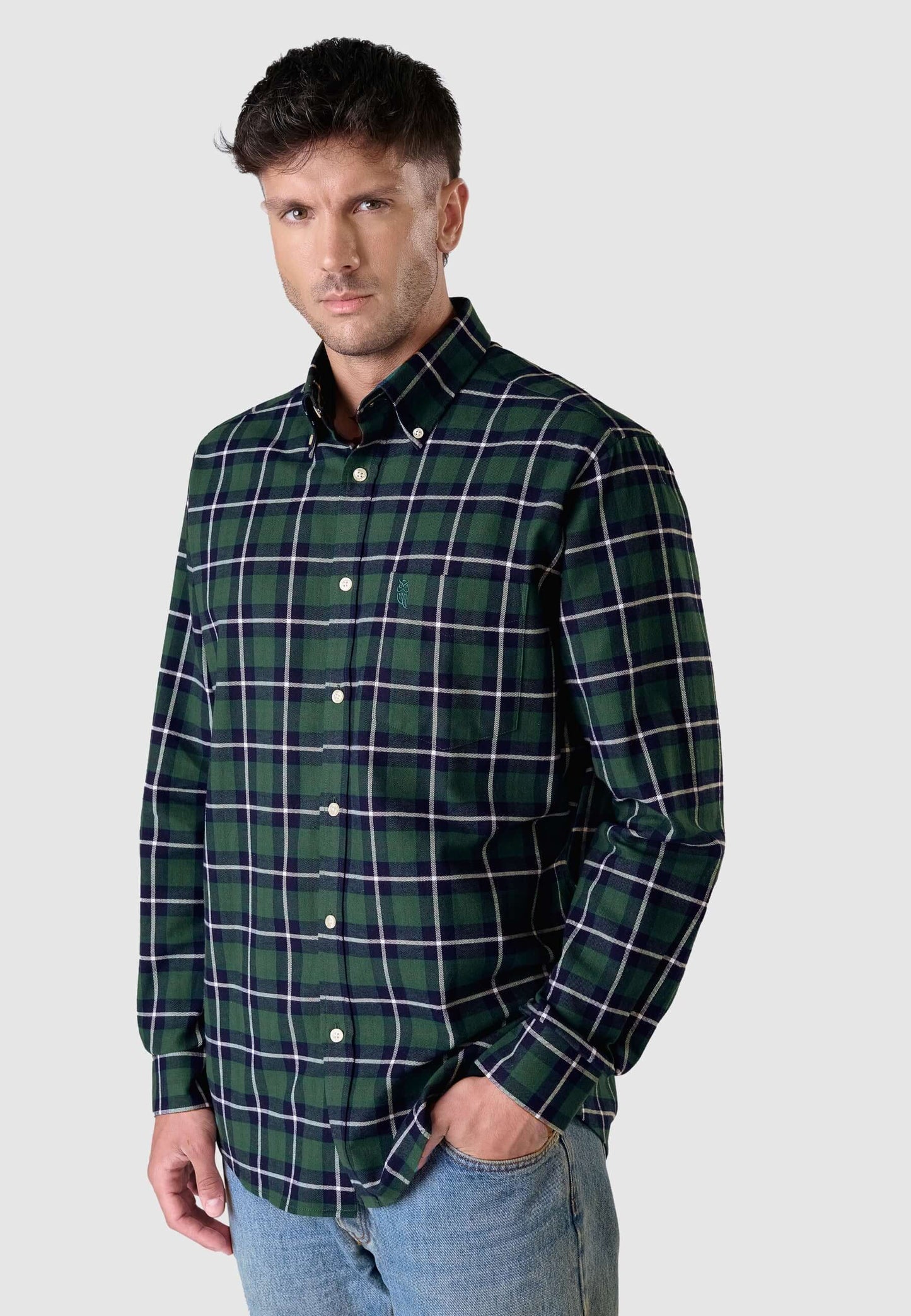 Camisa Hombre Franela Cuadros Algodón Invierno Premium con Bolsillo - Verde 0402_44