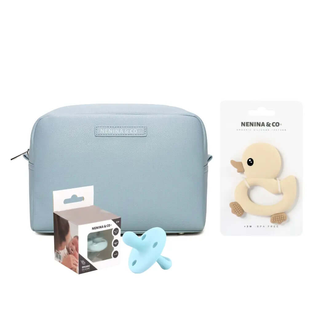 kit Esencial neceser Dusty Blue + chupete clásico + mordedor Nenina & Co