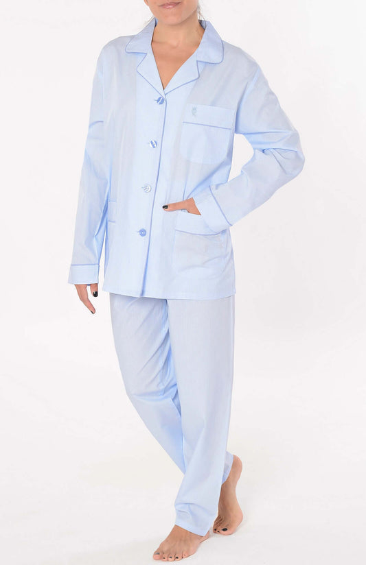 Pijama Mujer Largo Solapa Algodón Popelín Rayas - Azul 0201_30