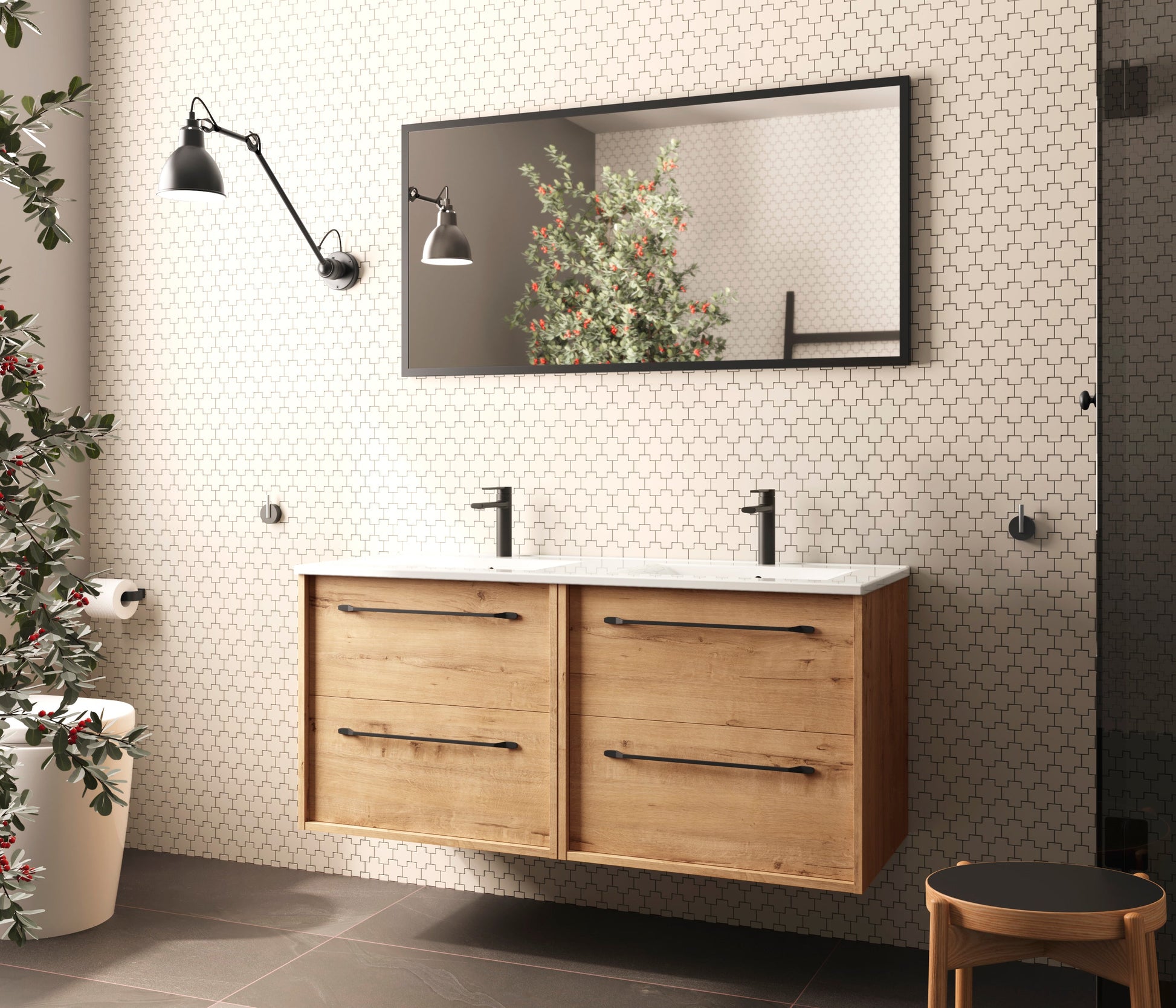 conjunto mueble de baño estilo industrial roble ostippo y negro mate
