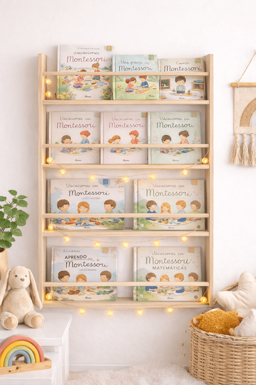 Estante de madera con libros Montessori en tonos pasteles, decorado con luces y juguetes suaves en un ambiente acogedor.