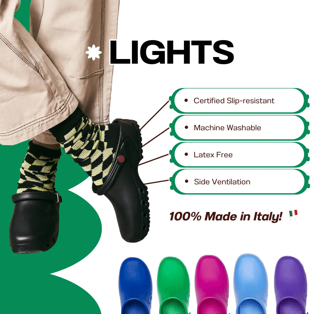 Black slip-on clogs with side vents worn with patterned socks, plus a colorful selection of identical clogs below.