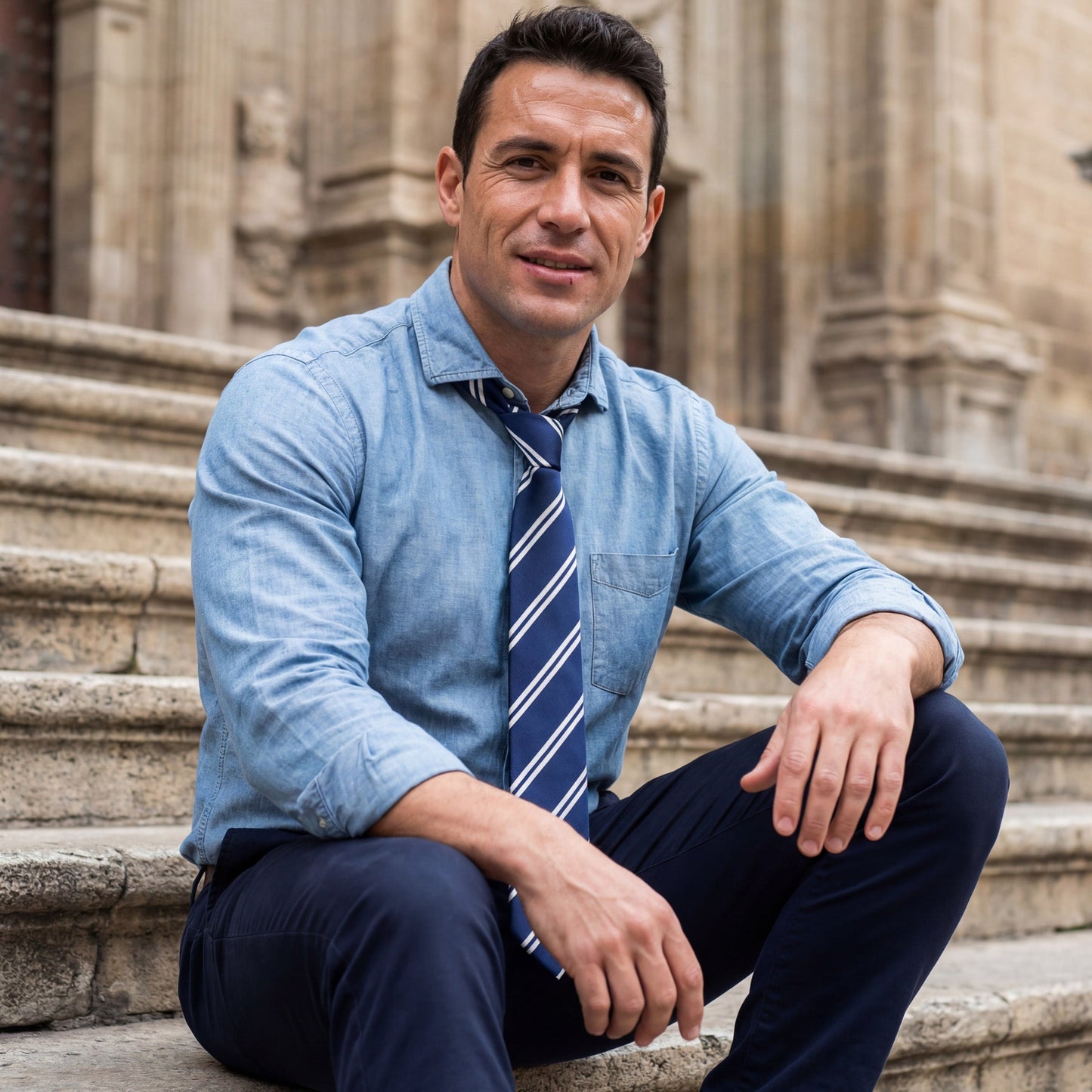 Londres · corbata azul con rayas blancas