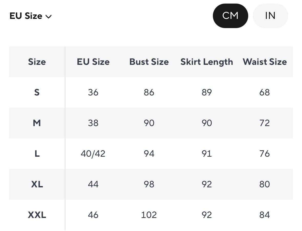 Size chart for women's clothing in EU sizes with measurements for bust, skirt length, and waist size.