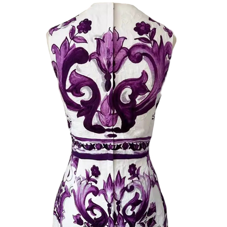 Elegant white dress with intricate purple floral embroidery, perfect for formal occasions.