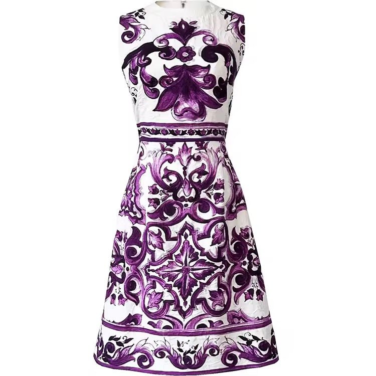 White sleeveless dress with purple floral and ornate patterns, perfect for summer occasions.