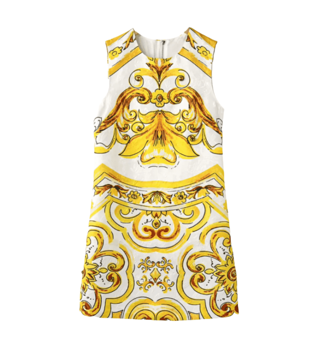 Yellow and white floral patterned sleeveless dress in linen, perfect for summer outings and casual events.
