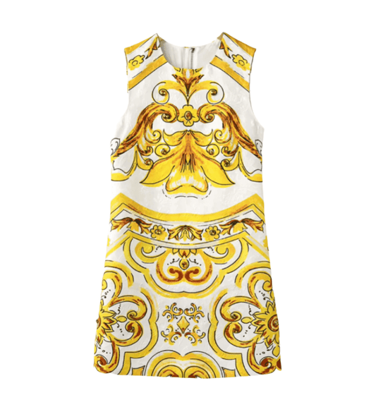 Yellow and white floral patterned sleeveless dress in linen, perfect for summer outings and casual events.