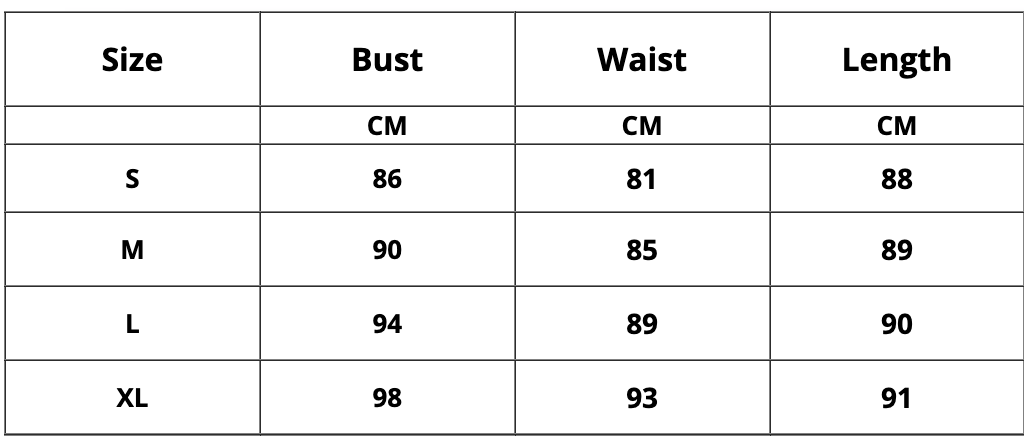 Size chart for women's clothing: bust, waist, and length measurements in centimeters with sizes S to XL.