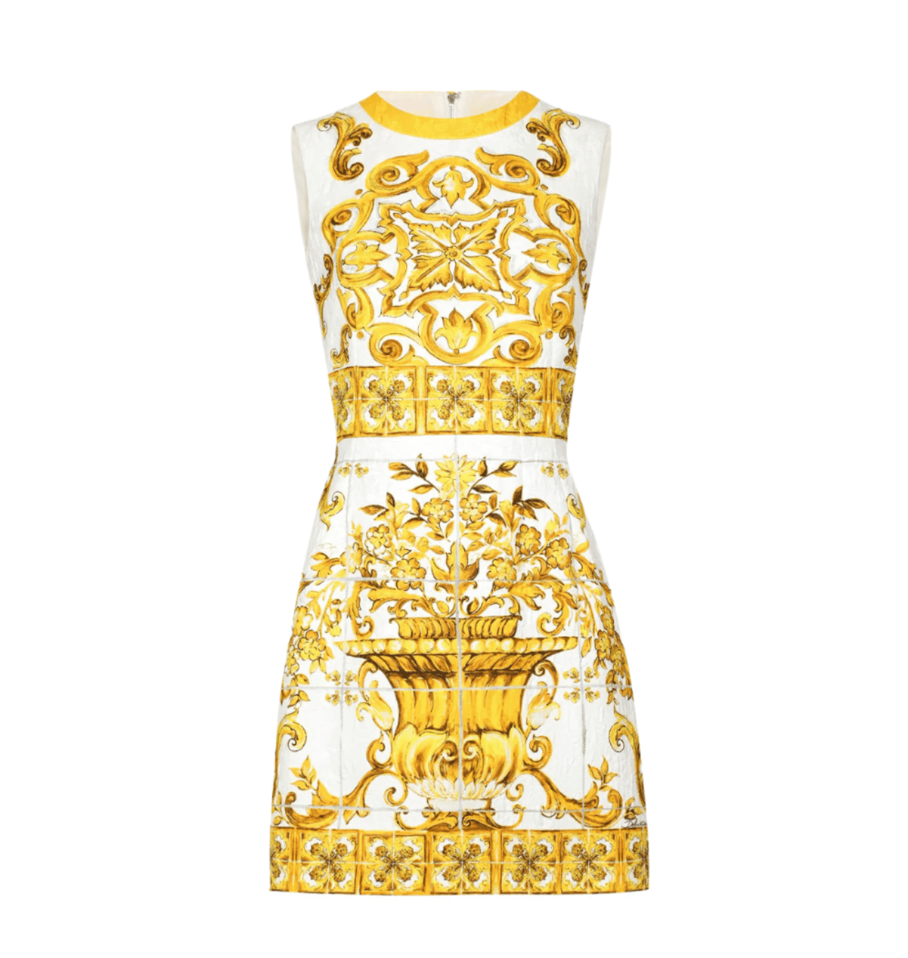 Yellow and white floral print sleeveless dress in a luxurious fabric, featuring ornate baroque-inspired patterns.