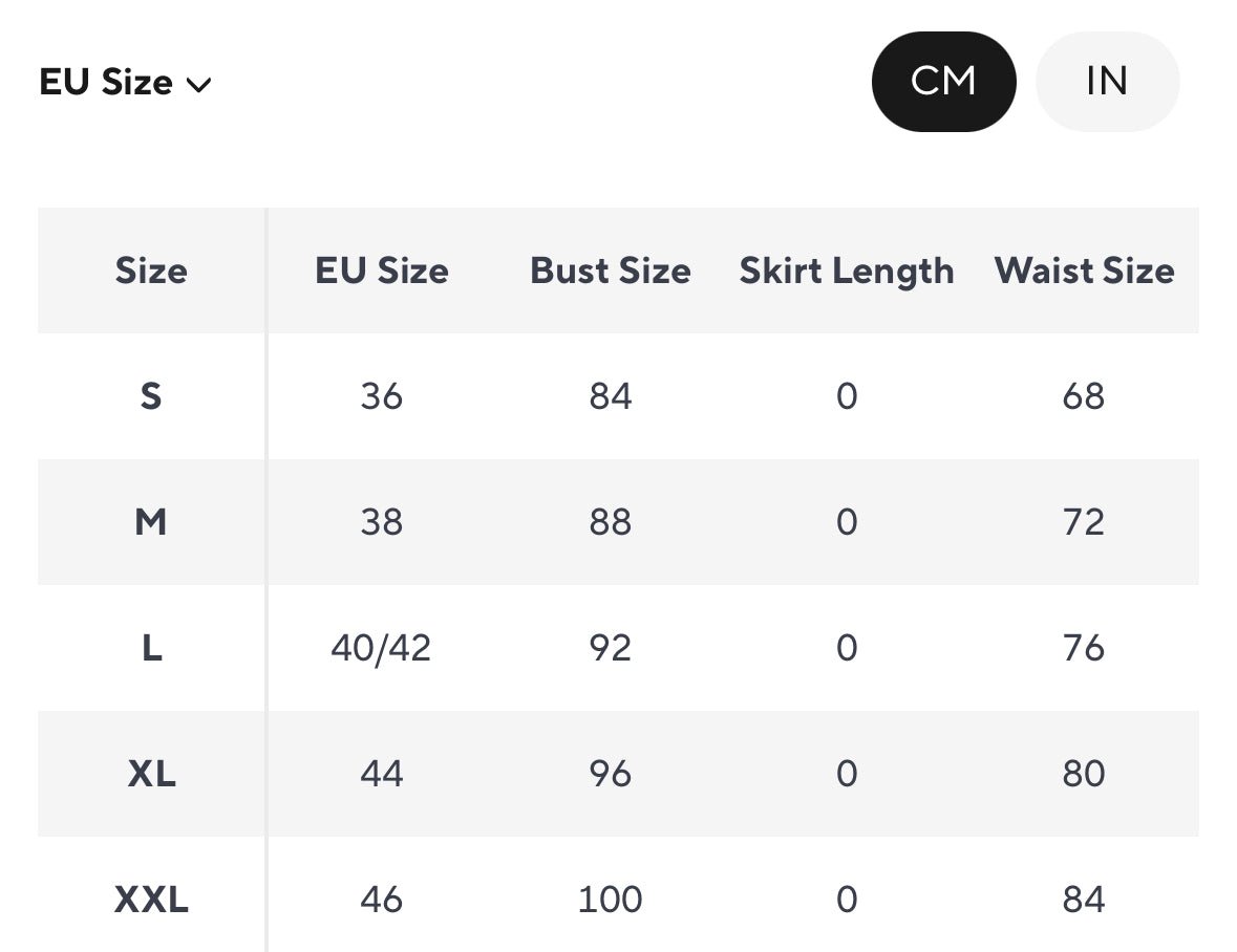 Size chart for women's clothing in EU sizes, displaying bust, skirt length, and waist measurements.