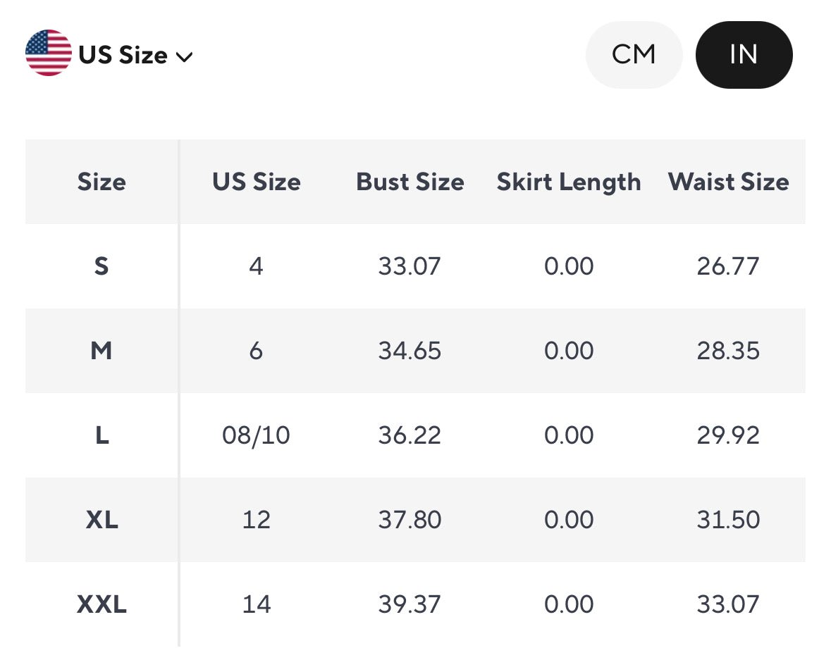 Size chart for women's skirts in US sizing, featuring bust, skirt length, and waist measurements.
