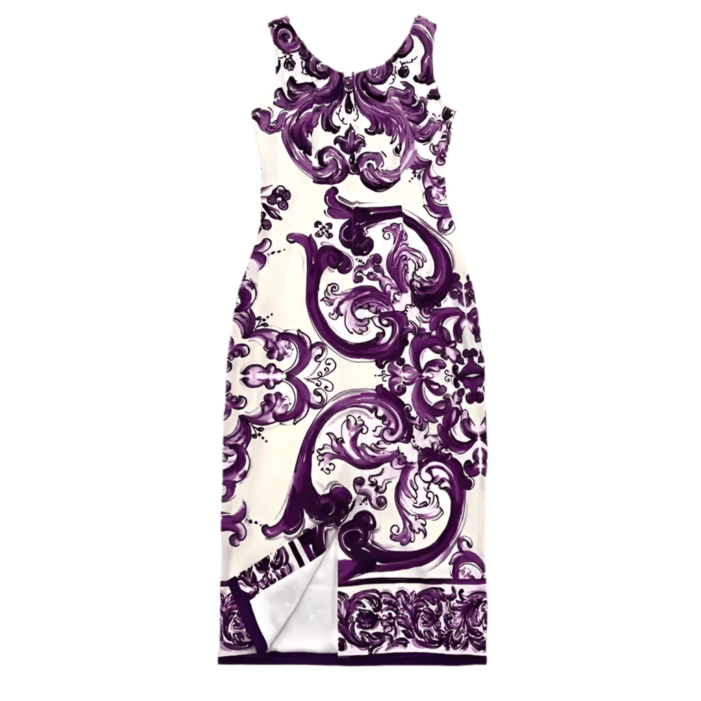 Elegant purple and white floral print bodycon dress, featuring a sleeveless design and knee-length hem.