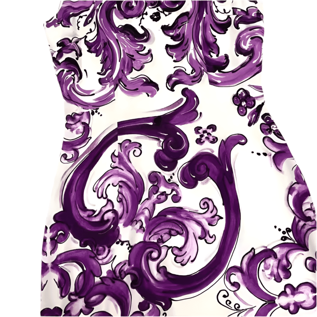 Floral print dress in white with vibrant purple swirls, featuring a fitted style and elegant design. Perfect for special occasions.