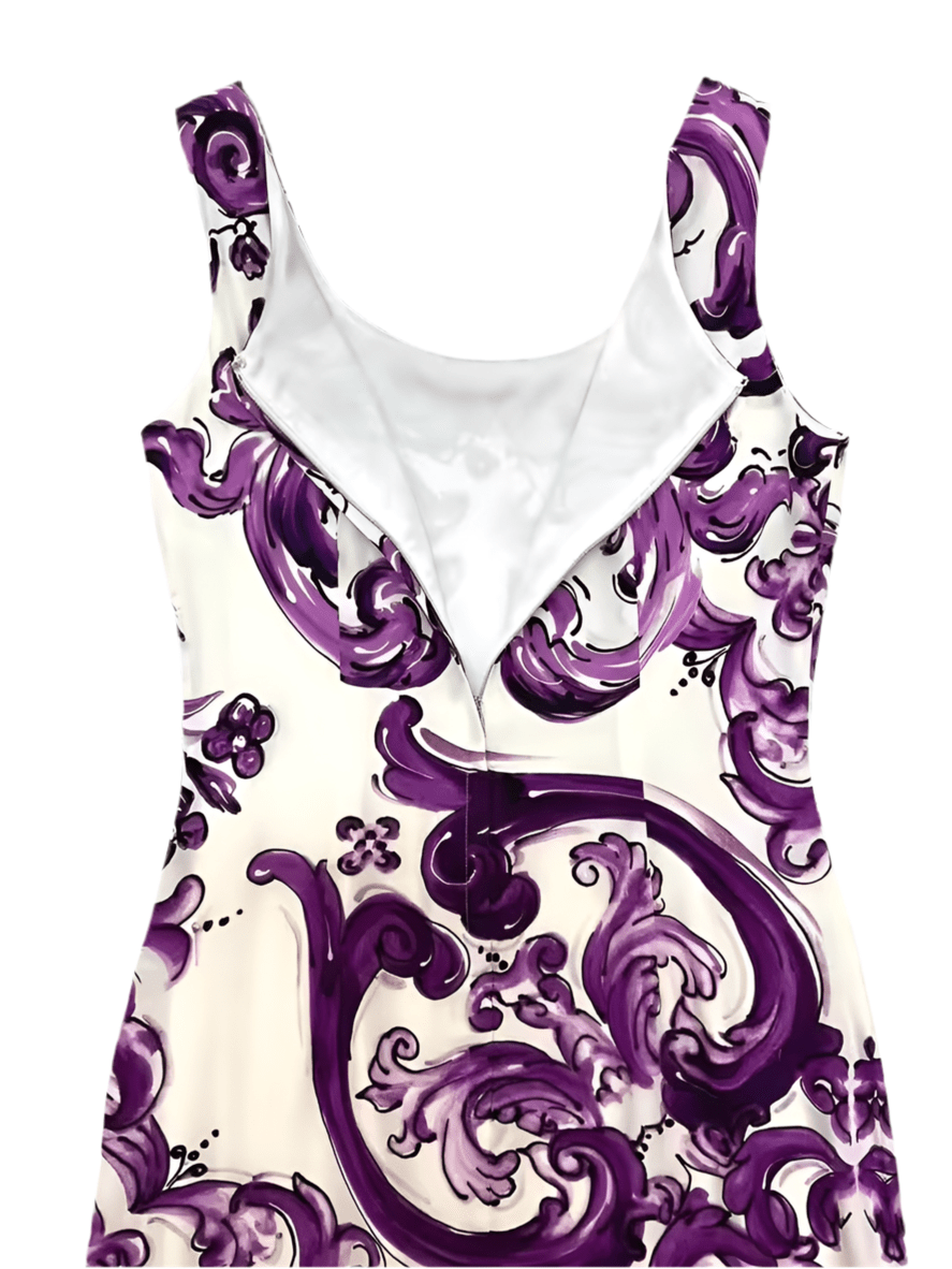 Elegant purple and white floral pattern dress, featuring a scoop neckline and fitted silhouette, perfect for summer occasions.