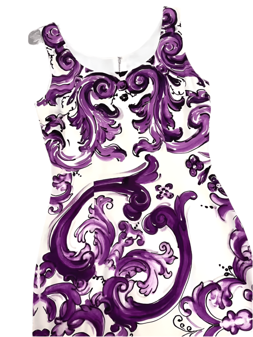 Elegant purple and white floral print dress, featuring a fitted style and a zip closure at the back.