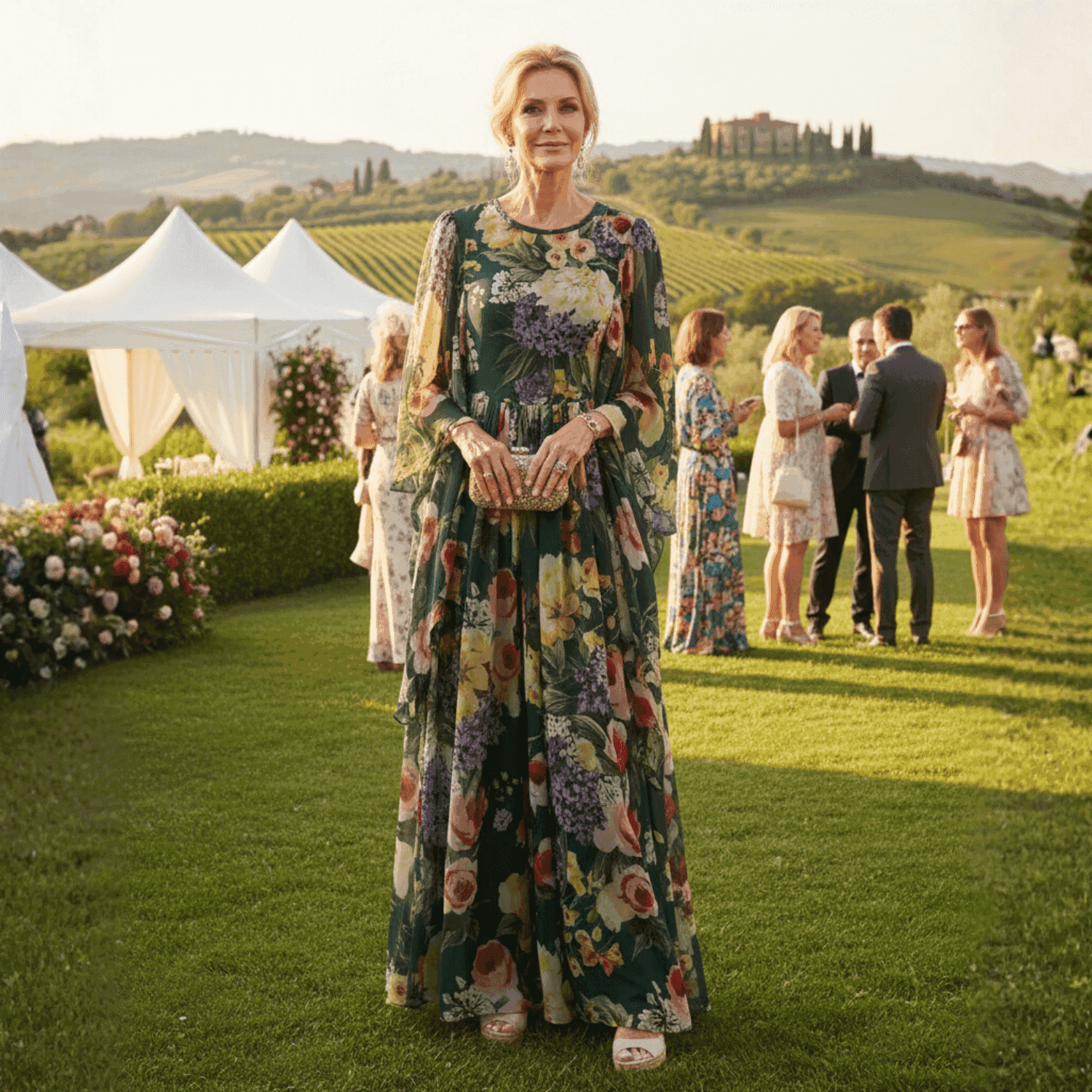 Long floral maxi dress in green with vibrant shades, featuring long sleeves and a flowing silhouette, perfect for outdoor events.